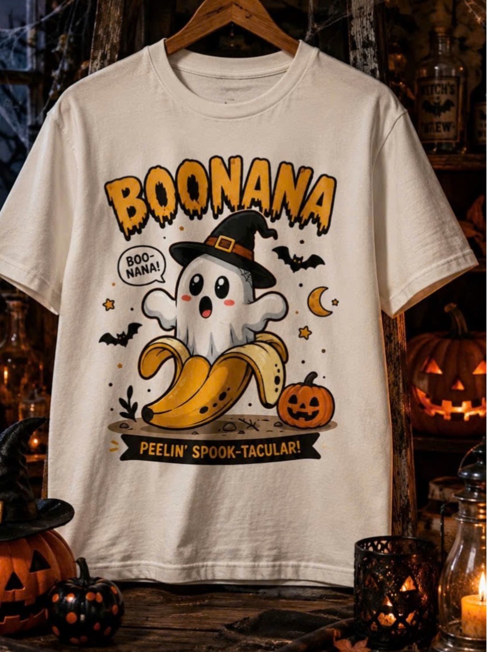 Gildan White Halloween 'Boonana' Ghost Banana Graphic Tee, Trick or Treat Shirt